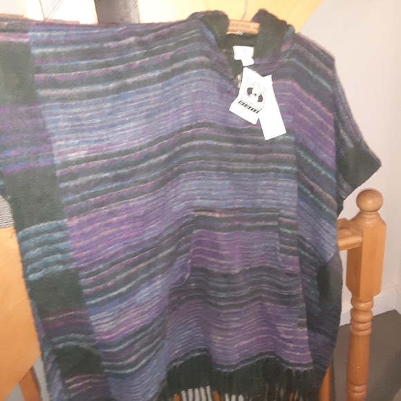 NWT Ark Imports Fairtrade Boho Fringe Poncho Purple/Blue/Green-Women's One Size - Picture 6 of 11